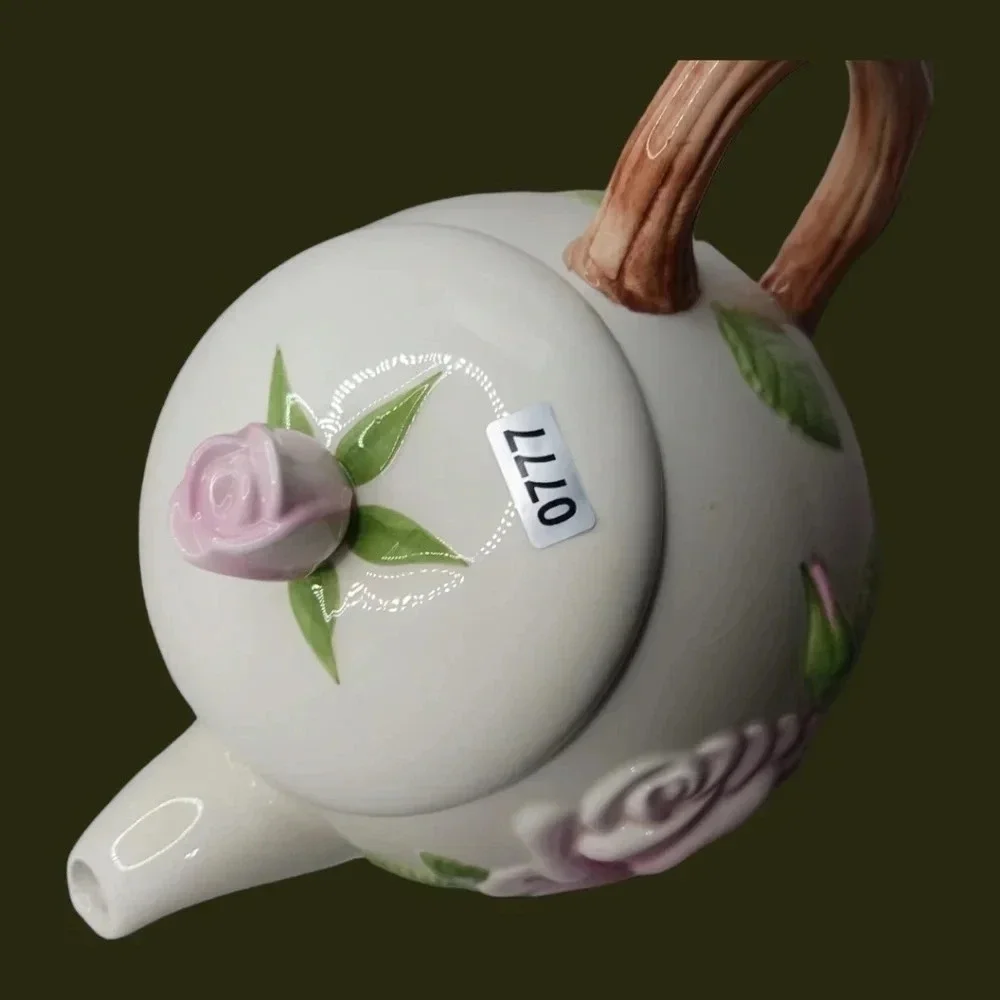 Teleflora rose ceramic teapot white pink color